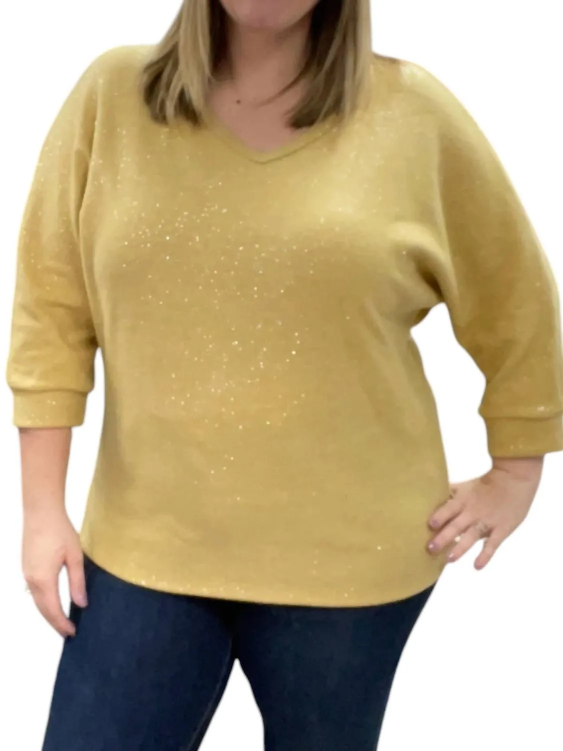 3/4 Sleeve Dolman Sparkly Sweater In Mustard