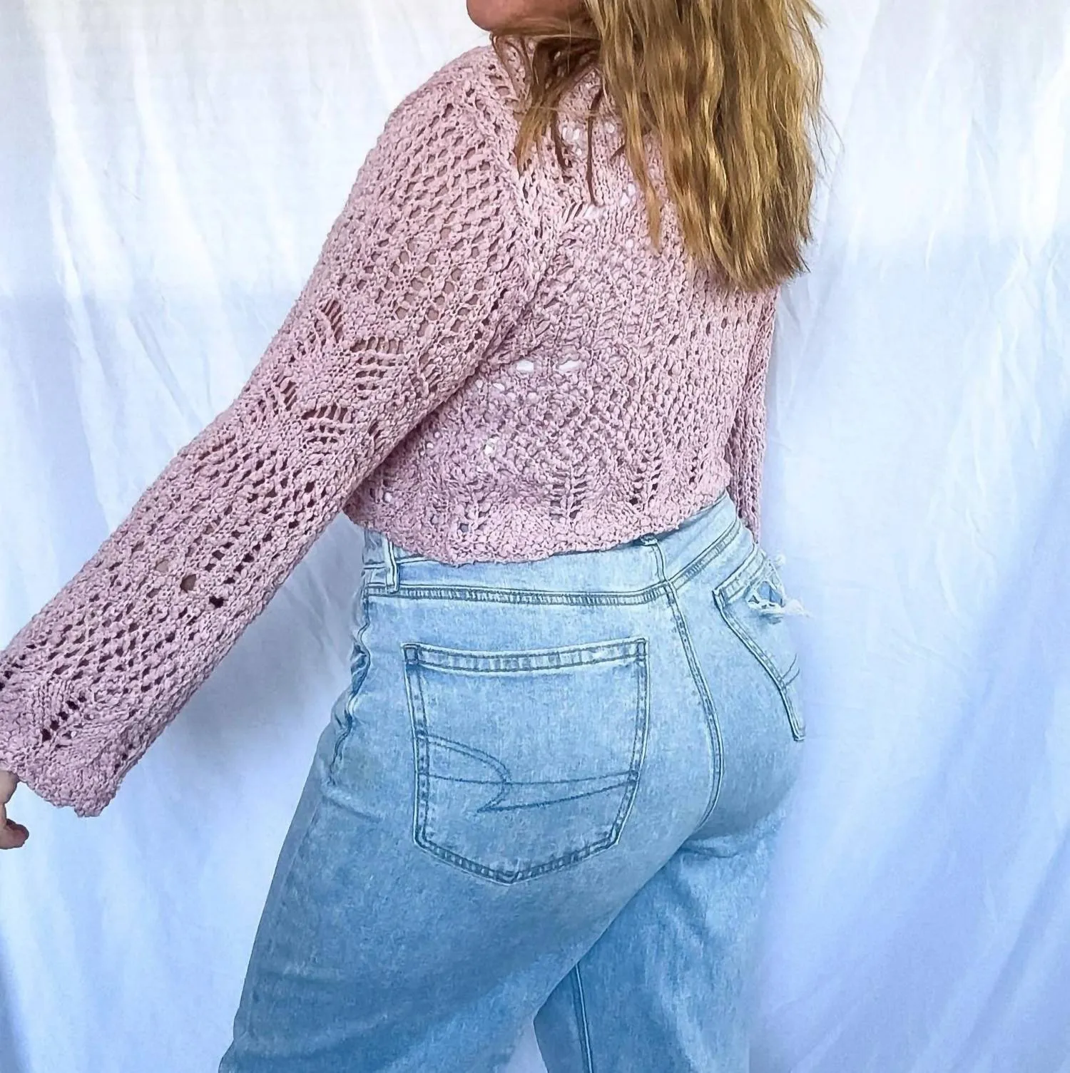 Ariel Front Tie Crochet Cardigan In Pink