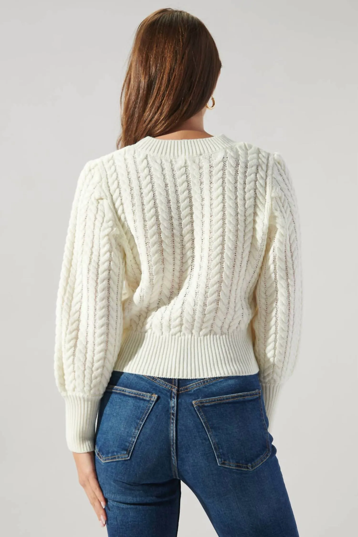Ashtyn Cable Knit Balloon Sleeve Sweater In White
