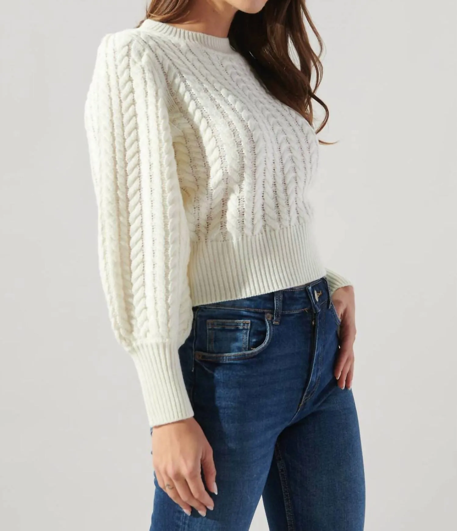 Ashtyn Cable Knit Balloon Sleeve Sweater In White