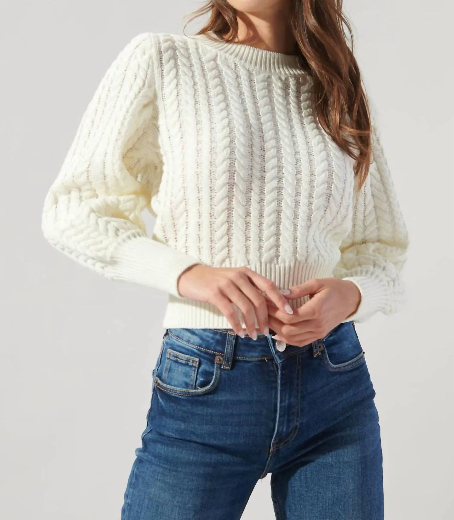 Ashtyn Cable Knit Balloon Sleeve Sweater In White