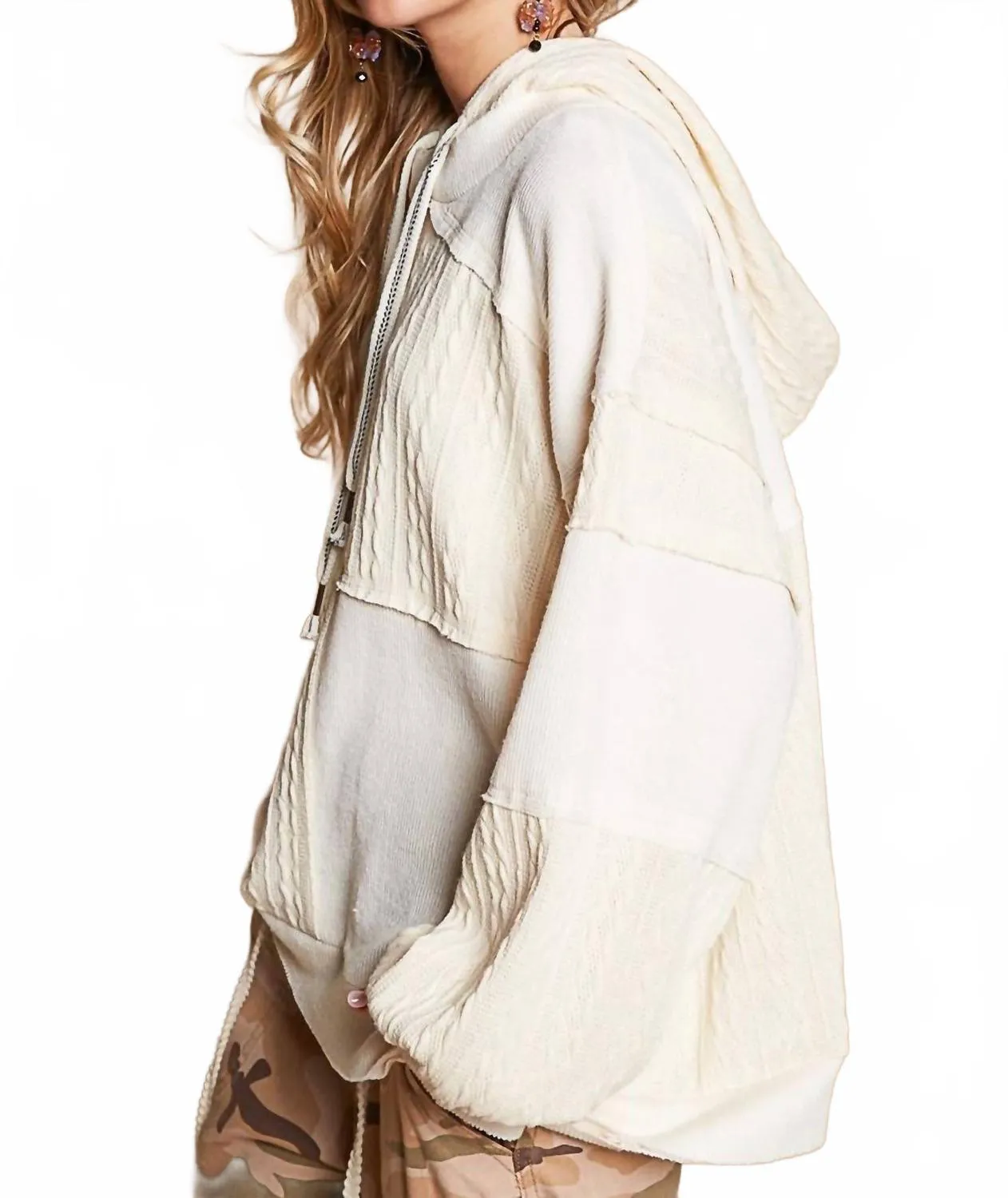 Balloon Sleeve Cut Sew Sweater Knit Top In Cream