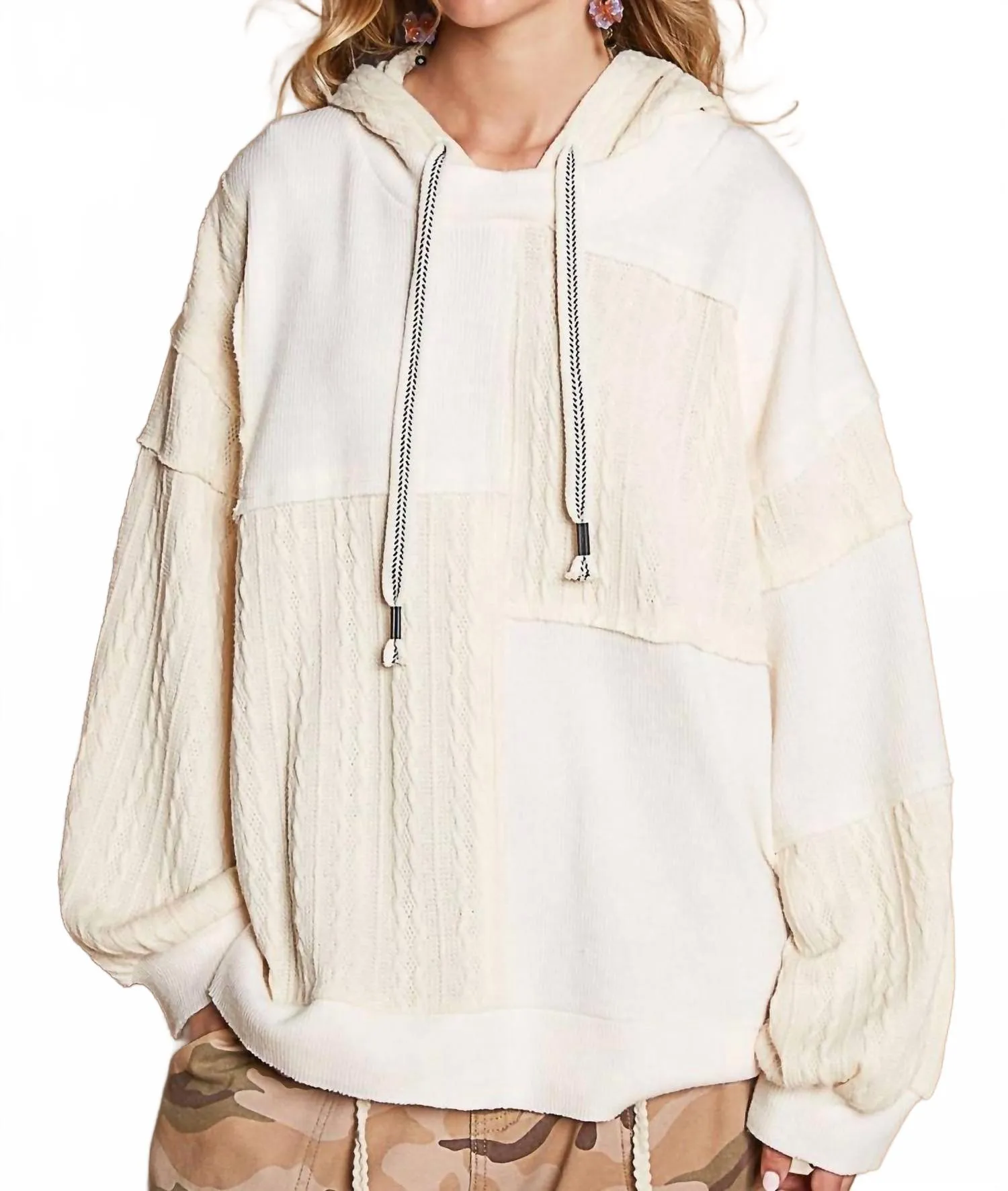 Balloon Sleeve Cut Sew Sweater Knit Top In Cream