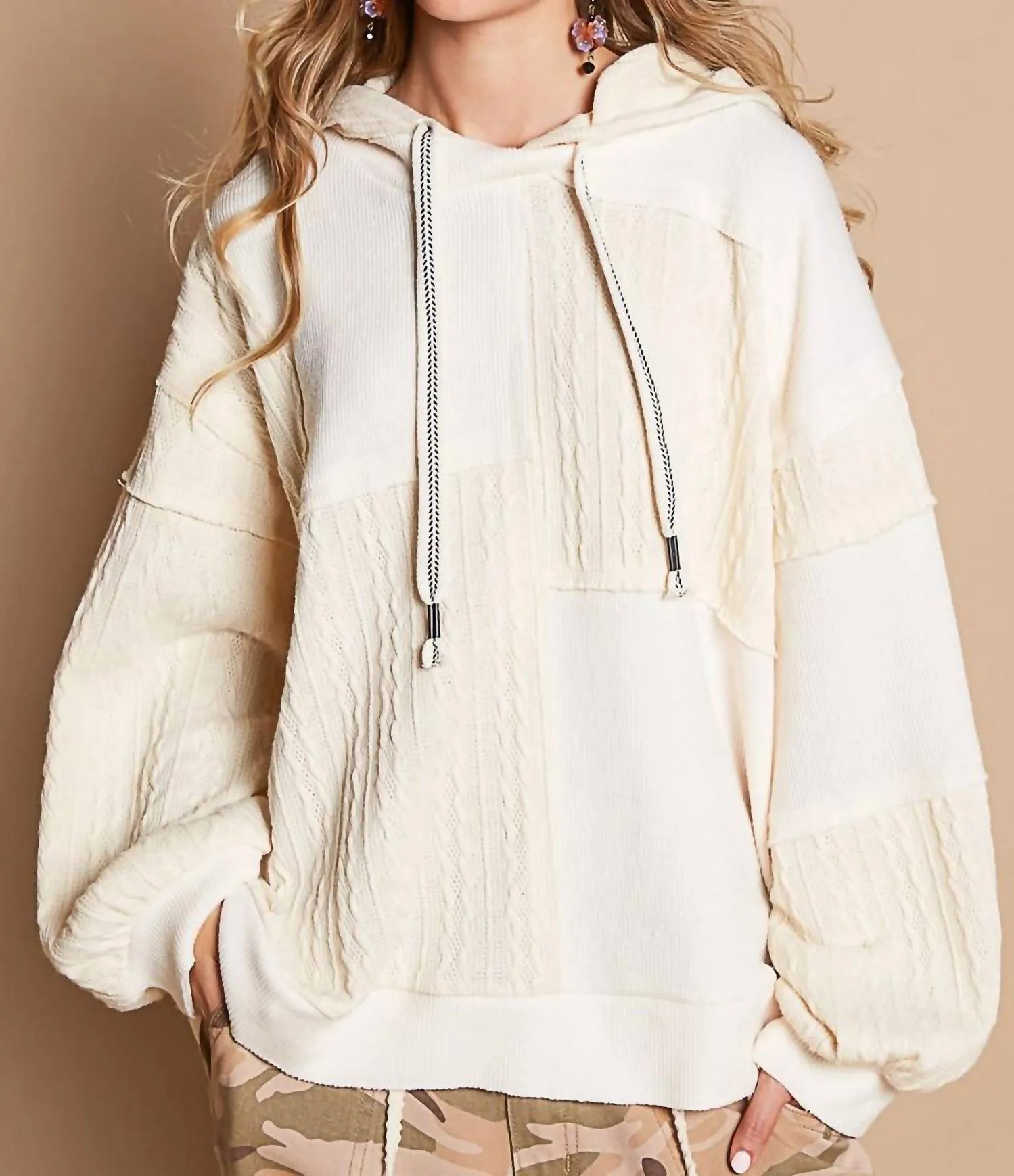 Balloon Sleeve Cut Sew Sweater Knit Top In Cream