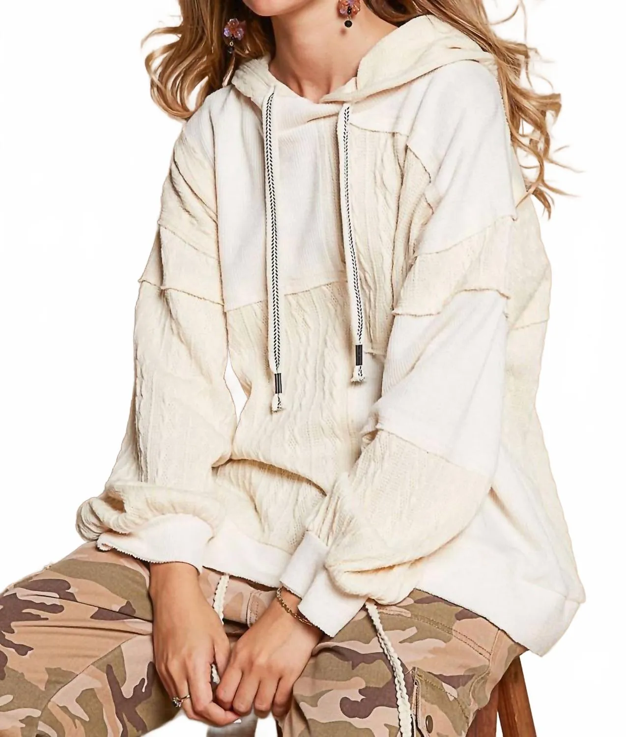 Balloon Sleeve Cut Sew Sweater Knit Top In Cream