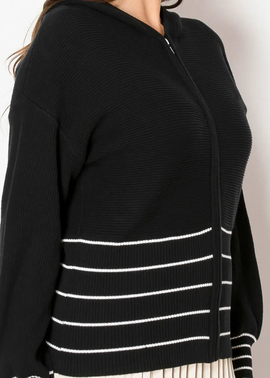 Black Knit Hoodie with Contrast Stripes