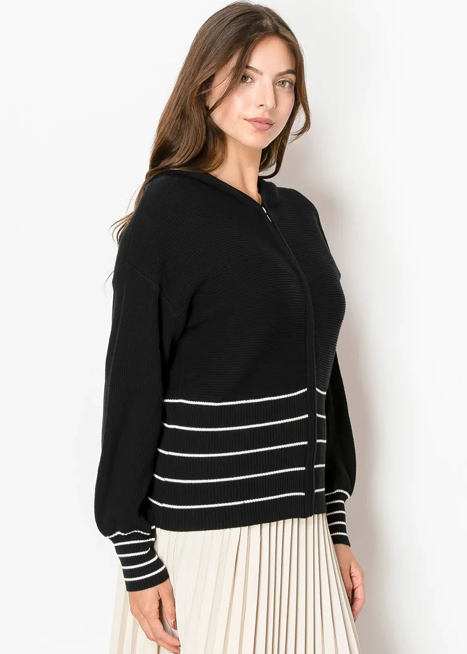 Black Knit Hoodie with Contrast Stripes