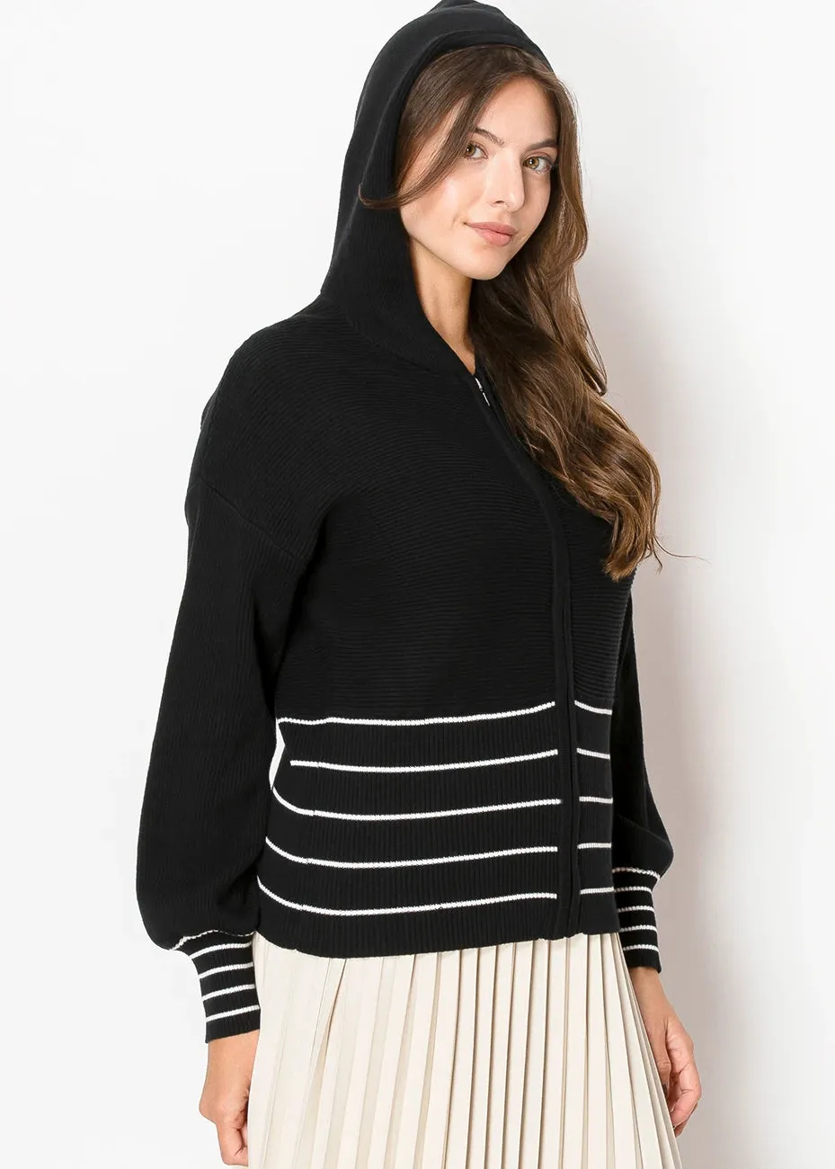 Black Knit Hoodie with Contrast Stripes