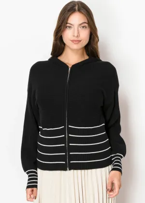 Black Knit Hoodie with Contrast Stripes