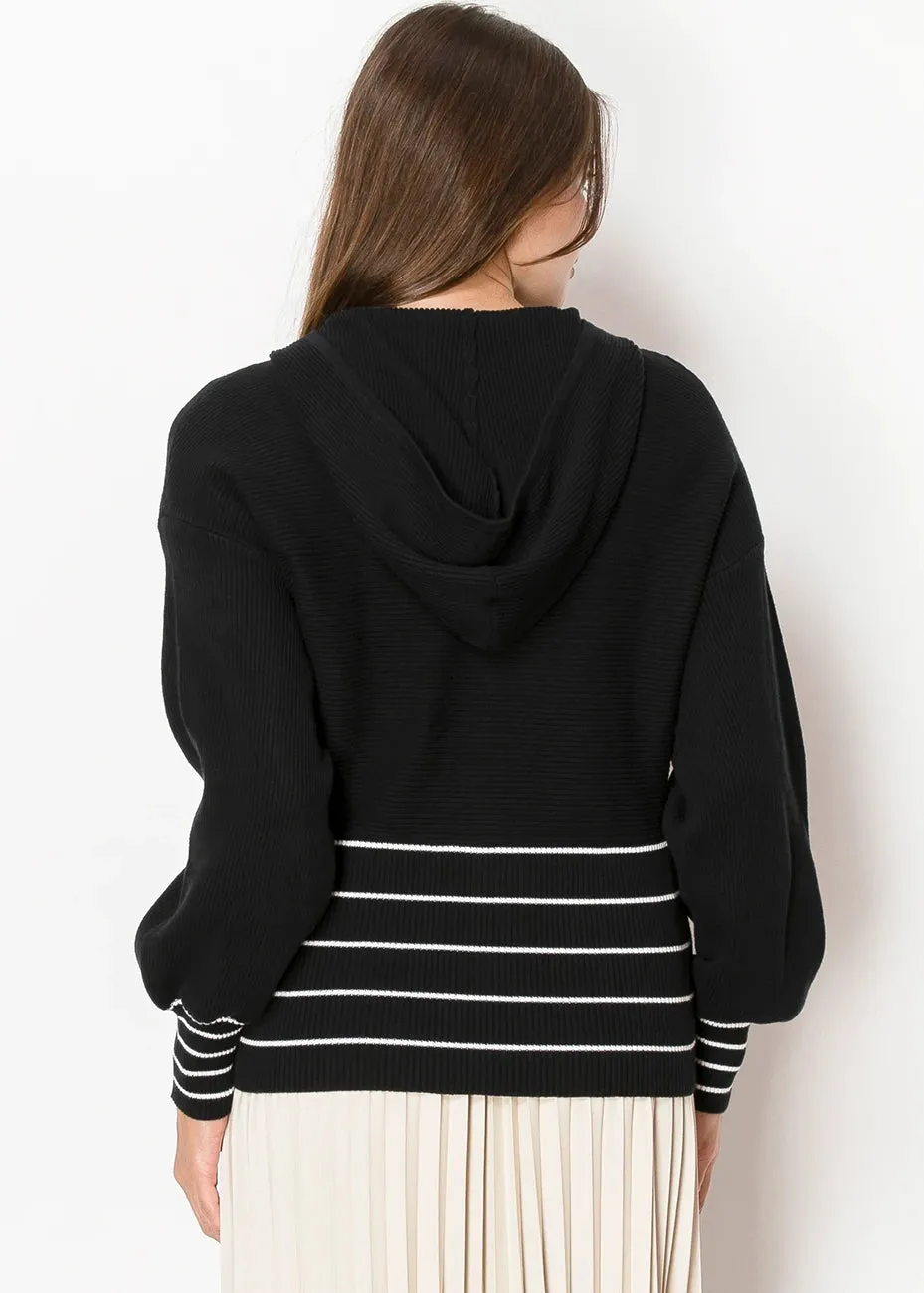 Black Knit Hoodie with Contrast Stripes