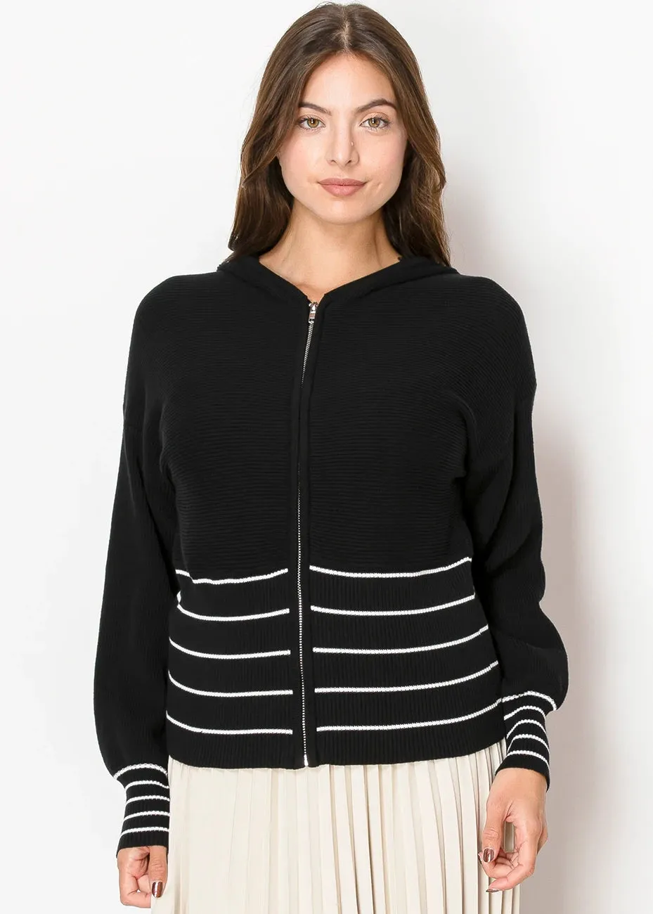 Black Knit Hoodie with Contrast Stripes