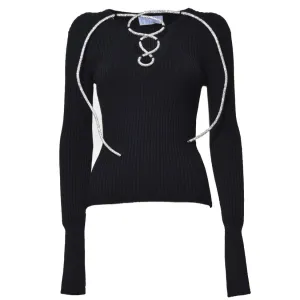 Black Wool Ribbed Knit Top With Rhinestones