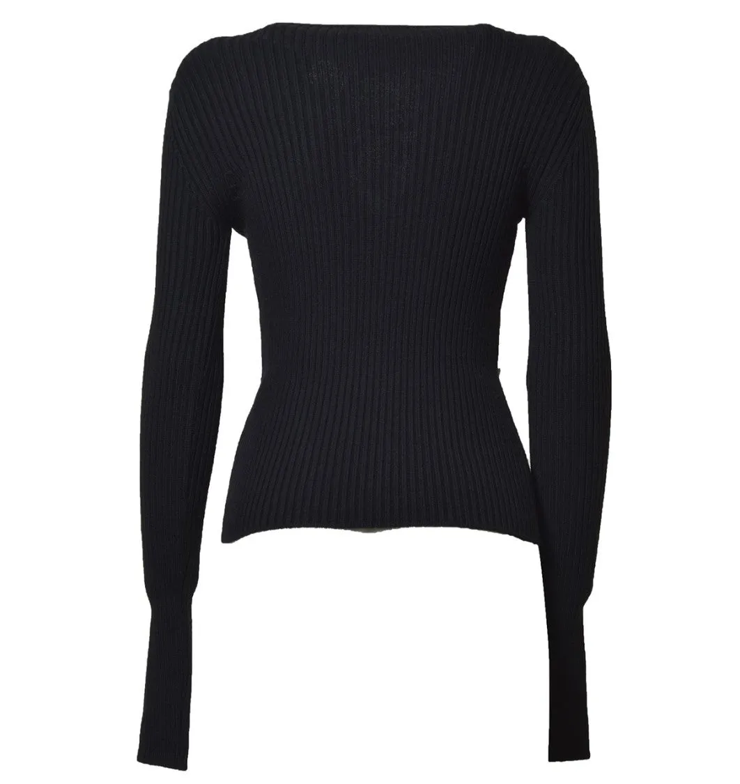 Black Wool Ribbed Knit Top With Rhinestones
