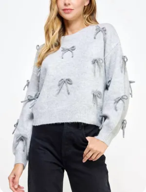Bow Embellished Sweater In Grey