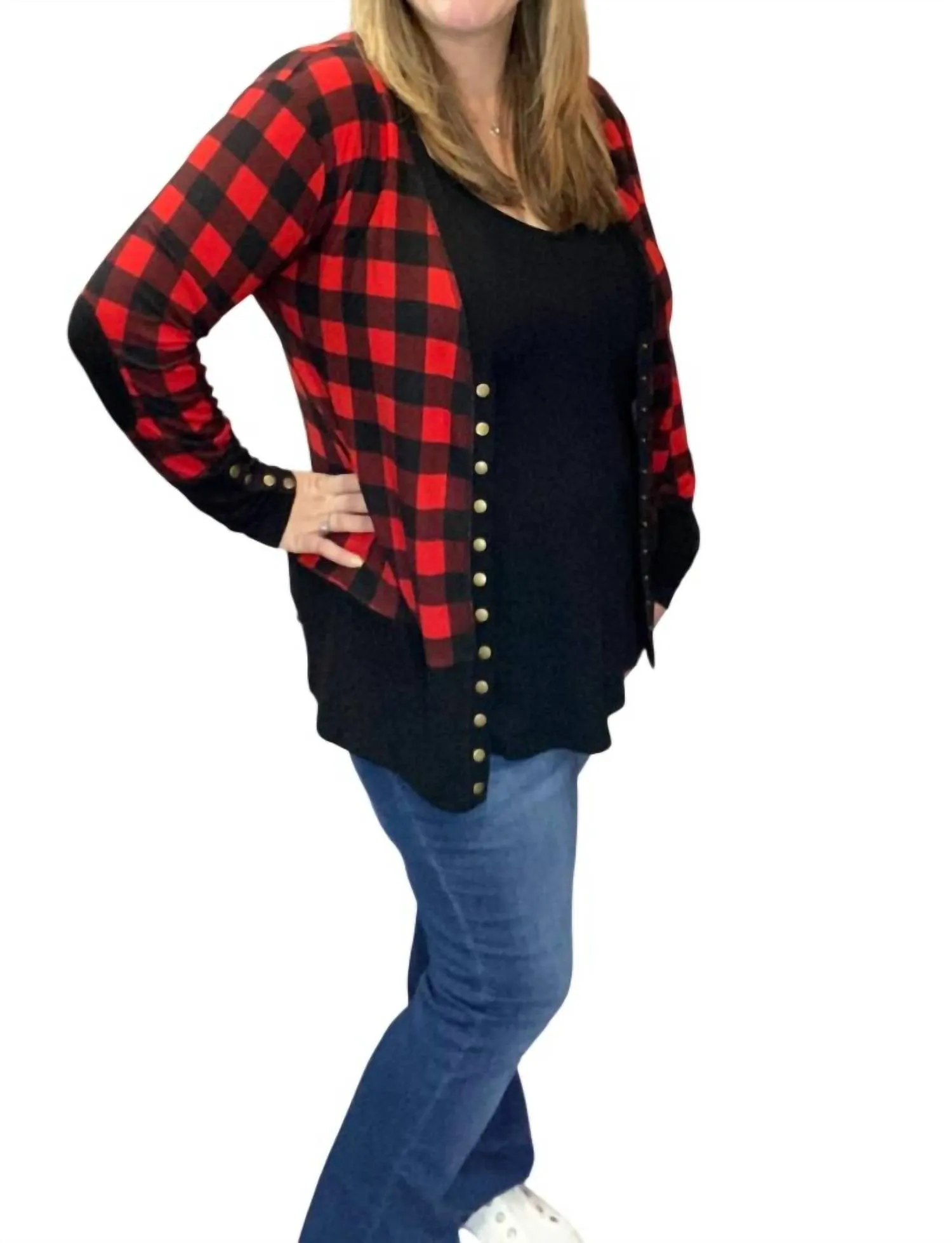 Buffalo Plaid Snap Cardigan In Red