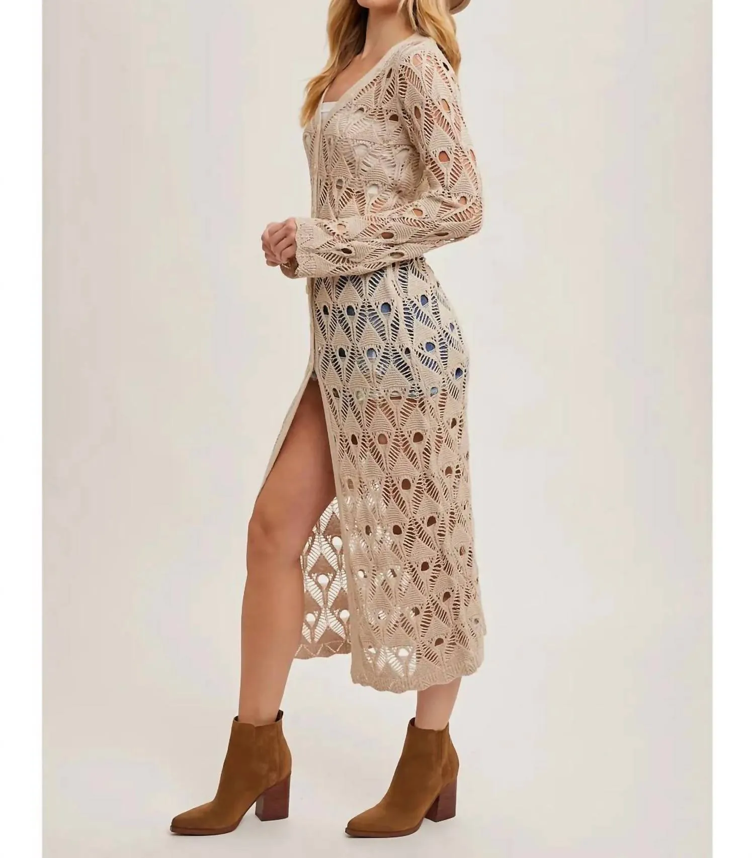 Button Down Crochet Maxi Cardigan In Beige