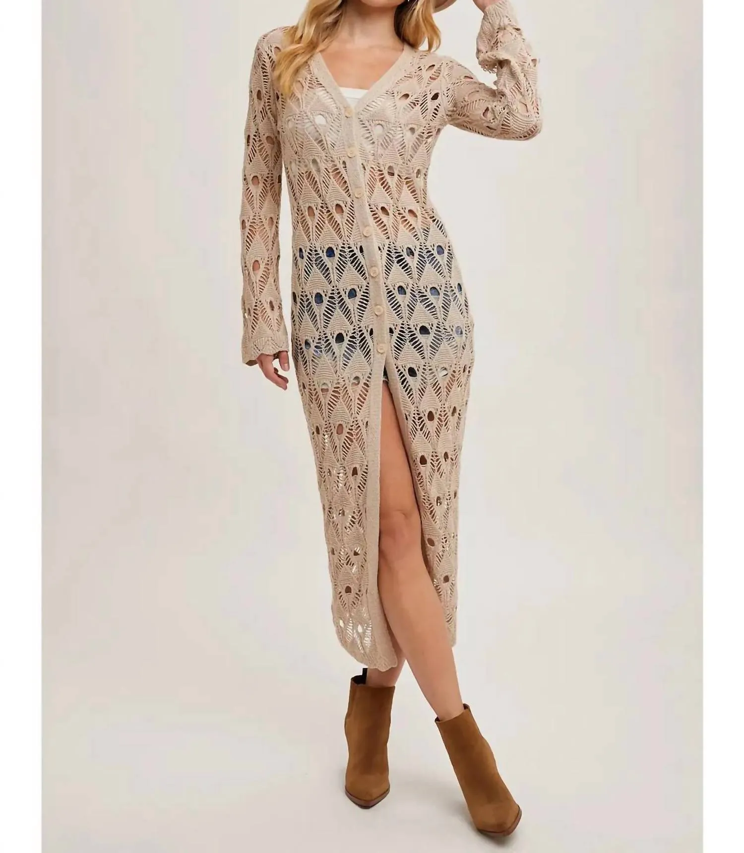Button Down Crochet Maxi Cardigan In Beige