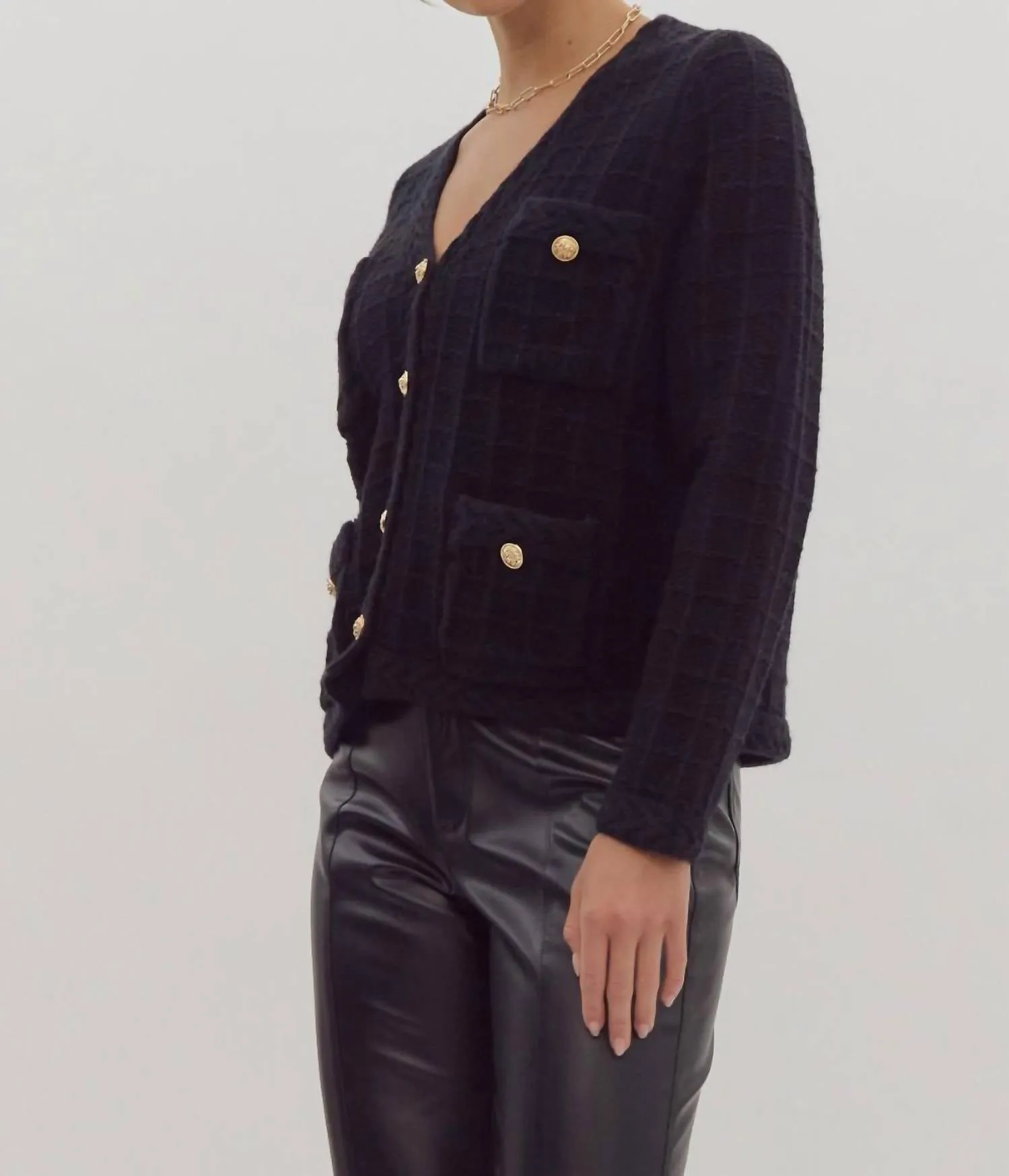 Button Knit Cardigan In Black