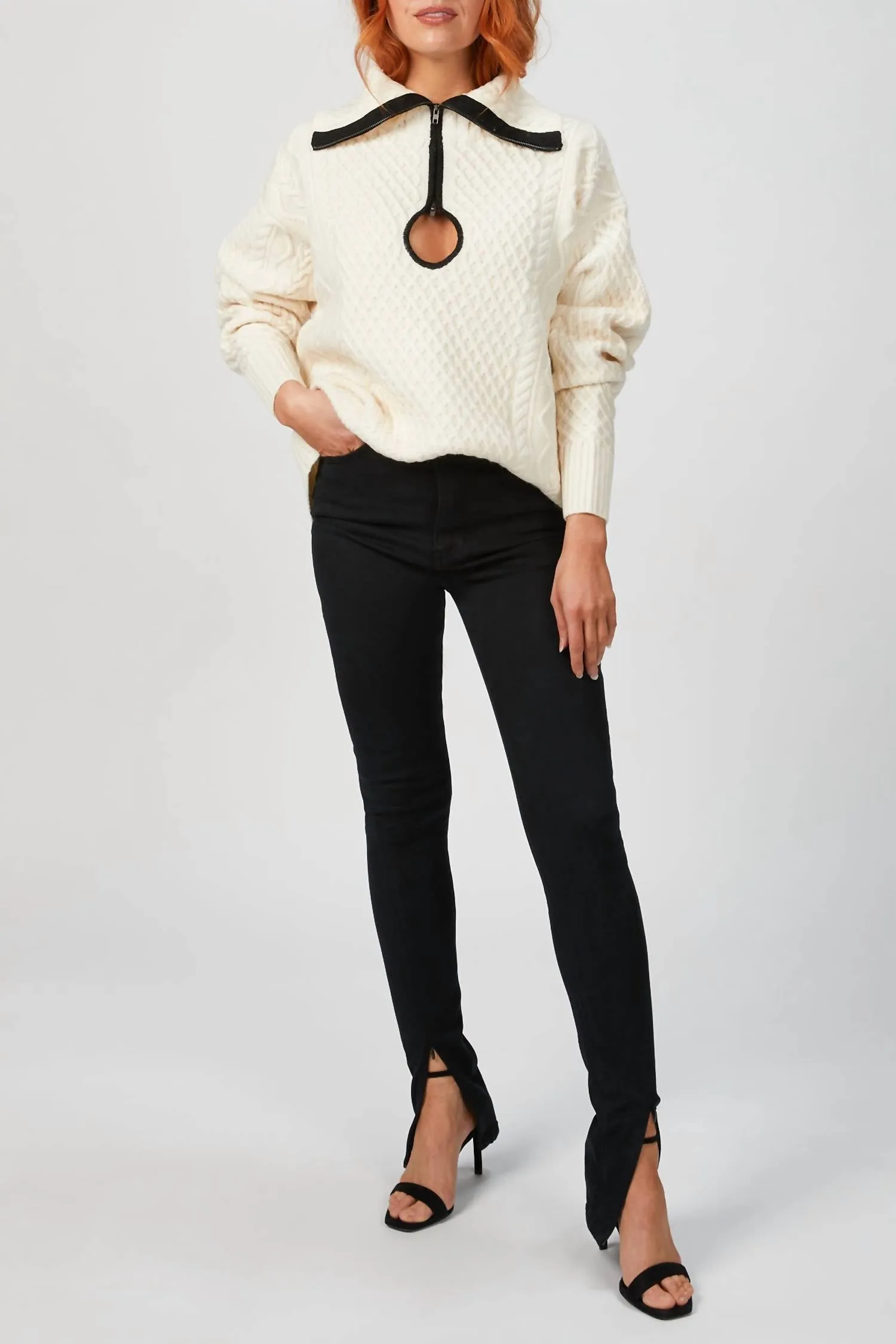 Cable Knit Key Hole Sweater In Ivory