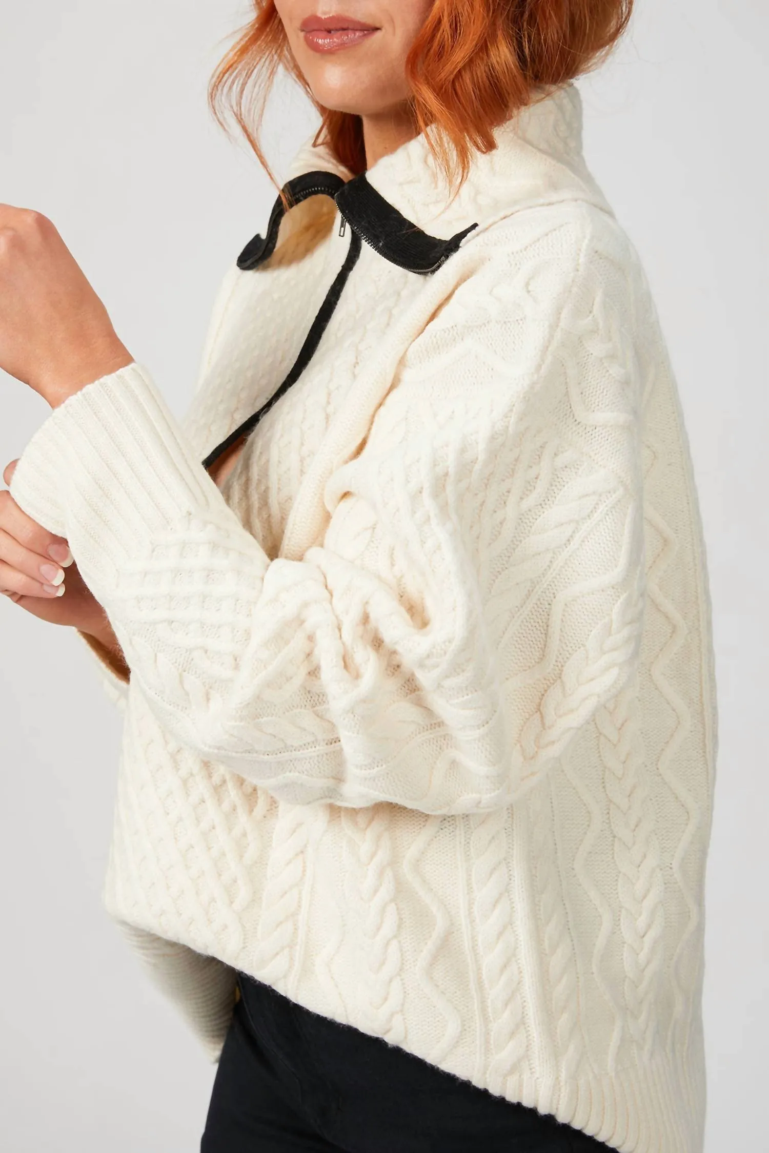 Cable Knit Key Hole Sweater In Ivory