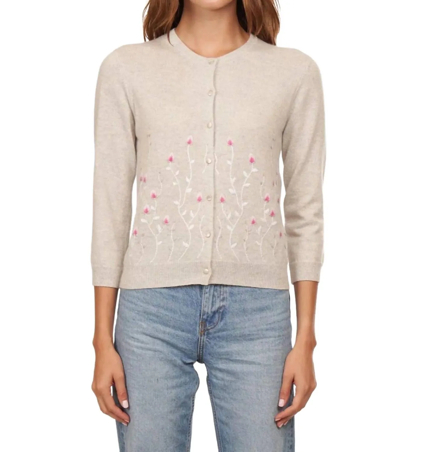 Cardi With Embroidered Floral In Sleet Combo