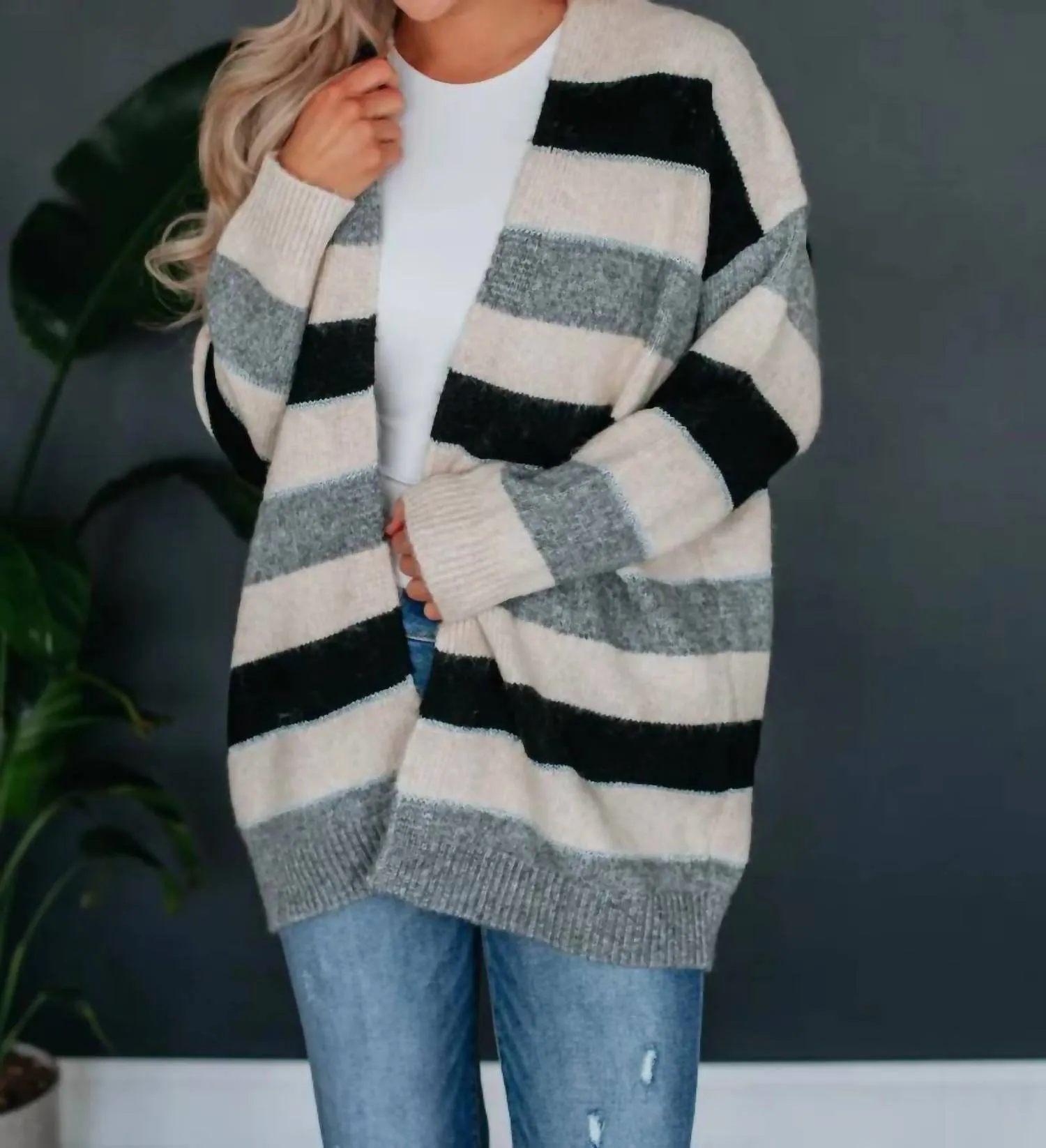 Casey Cozy Cardigan In Cream/black/grey