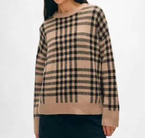 Cashmere Plaid Crewneck Sweater In Camel/black
