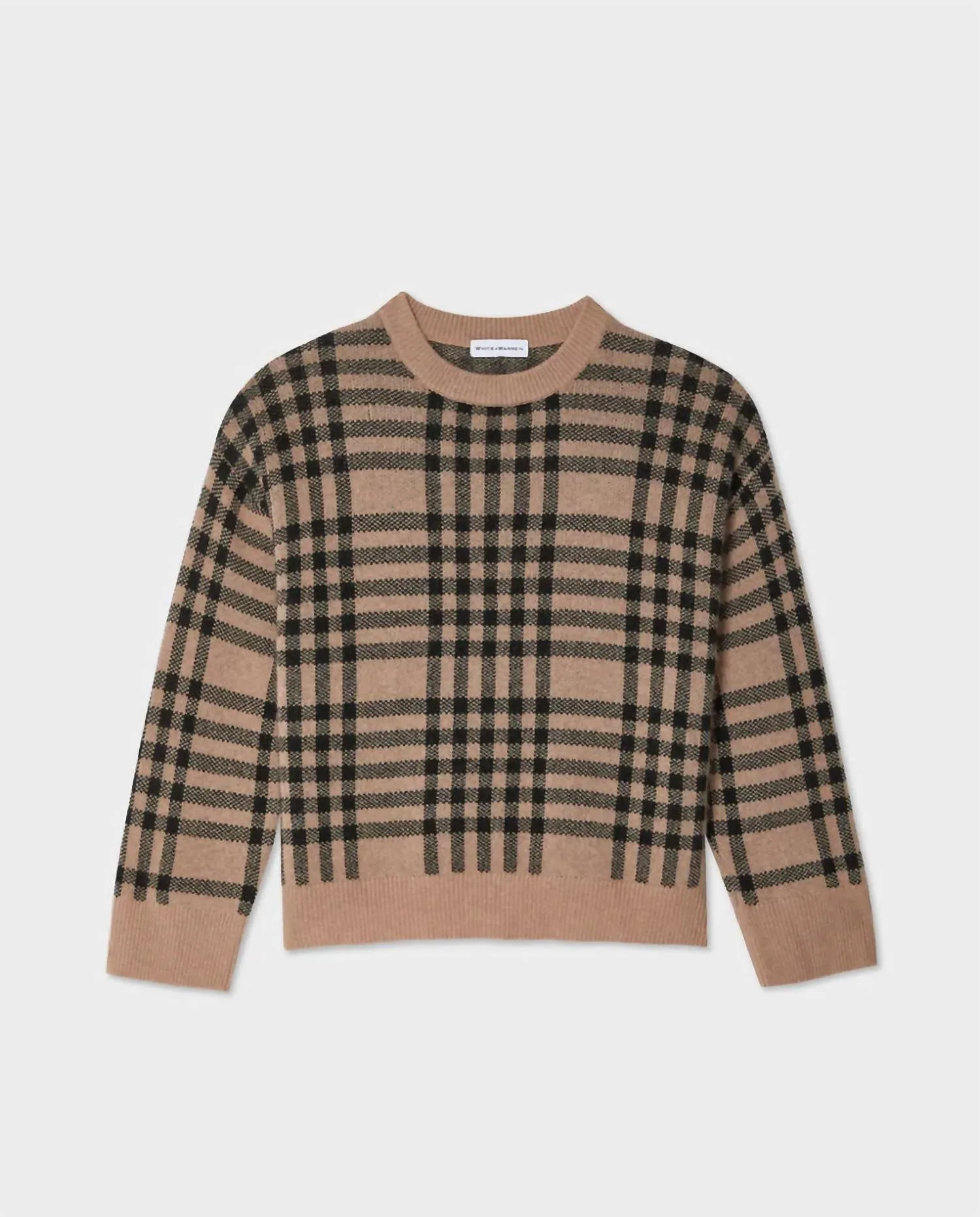Cashmere Plaid Crewneck Sweater In Camel/black