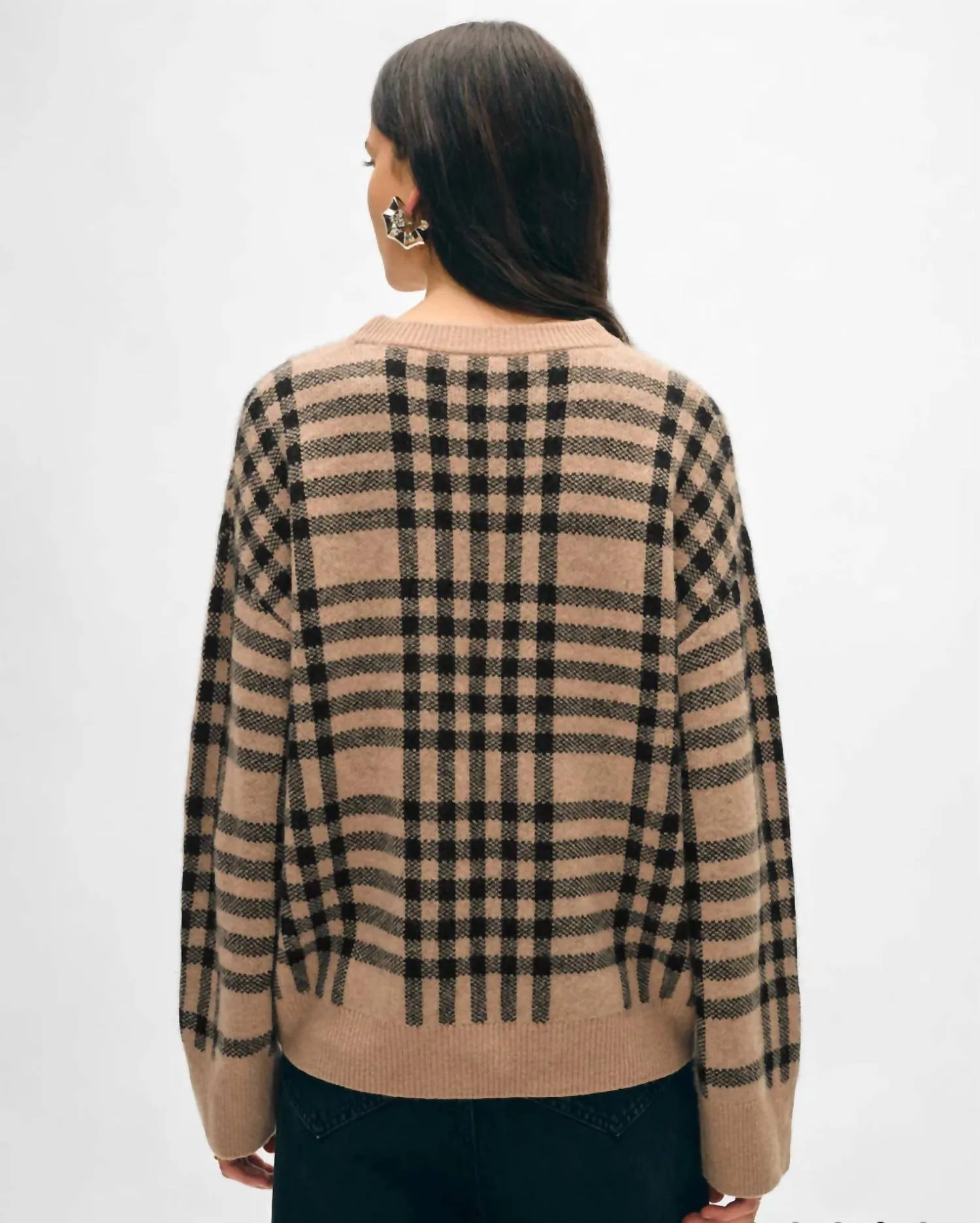 Cashmere Plaid Crewneck Sweater In Camel/black