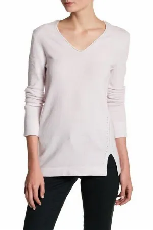 Cashmere V Neck Front Slit Sweater In Oyster