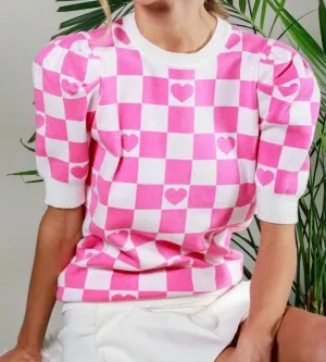 Checkerboard Heart Sweater In Pink