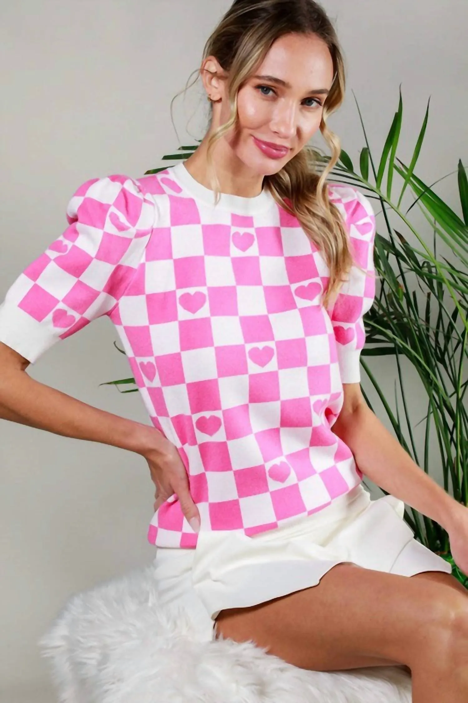 Checkerboard Heart Sweater In Pink