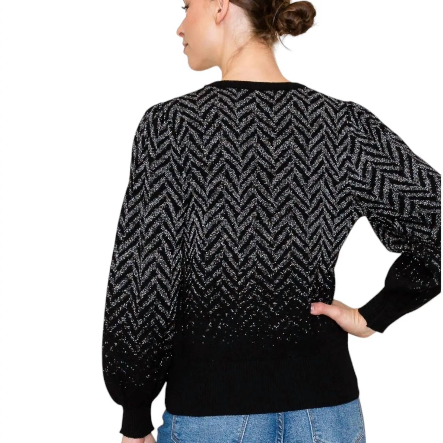 Chevron Pattern Balloon Sleeve Sweater In Black