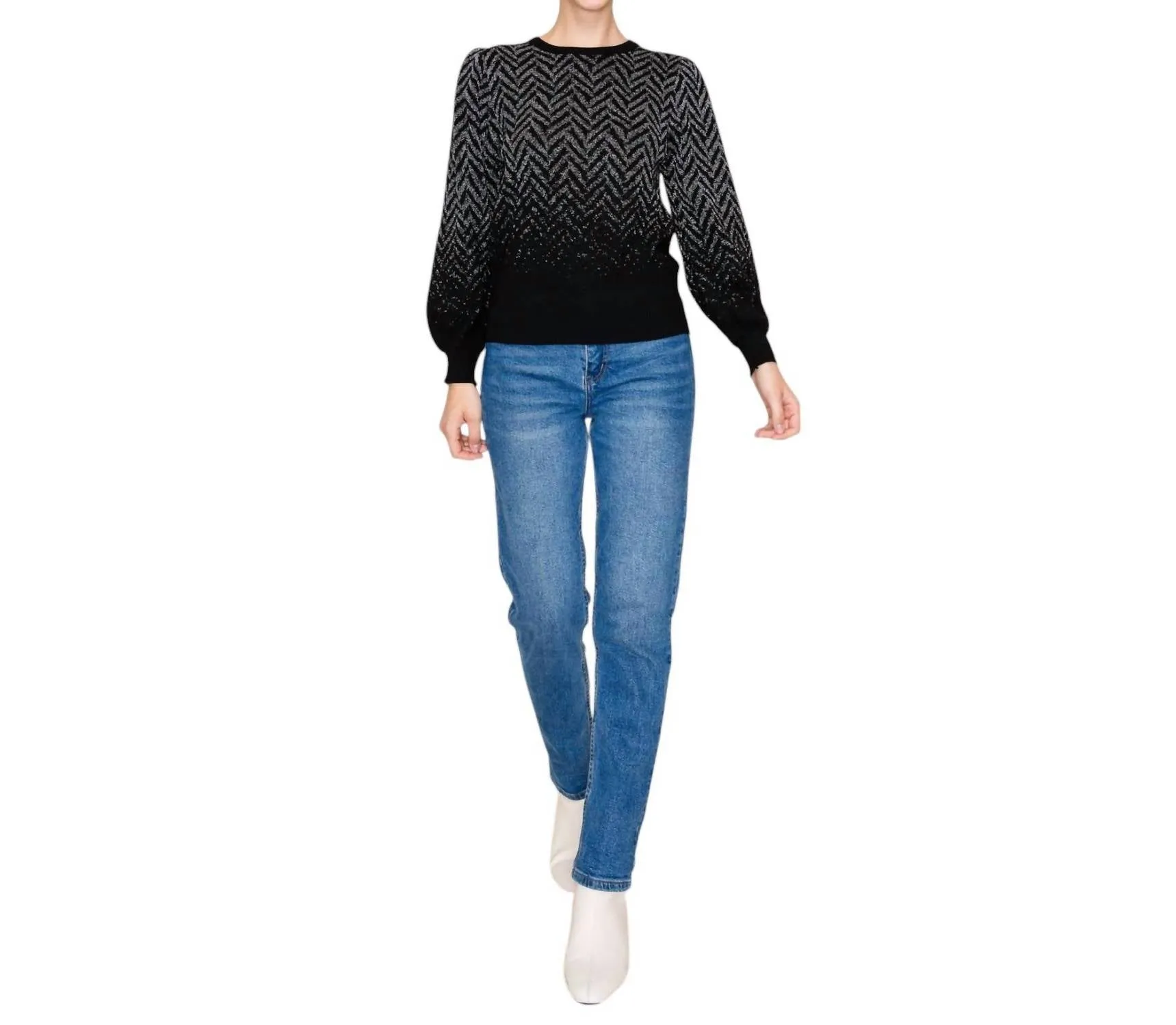 Chevron Pattern Balloon Sleeve Sweater In Black