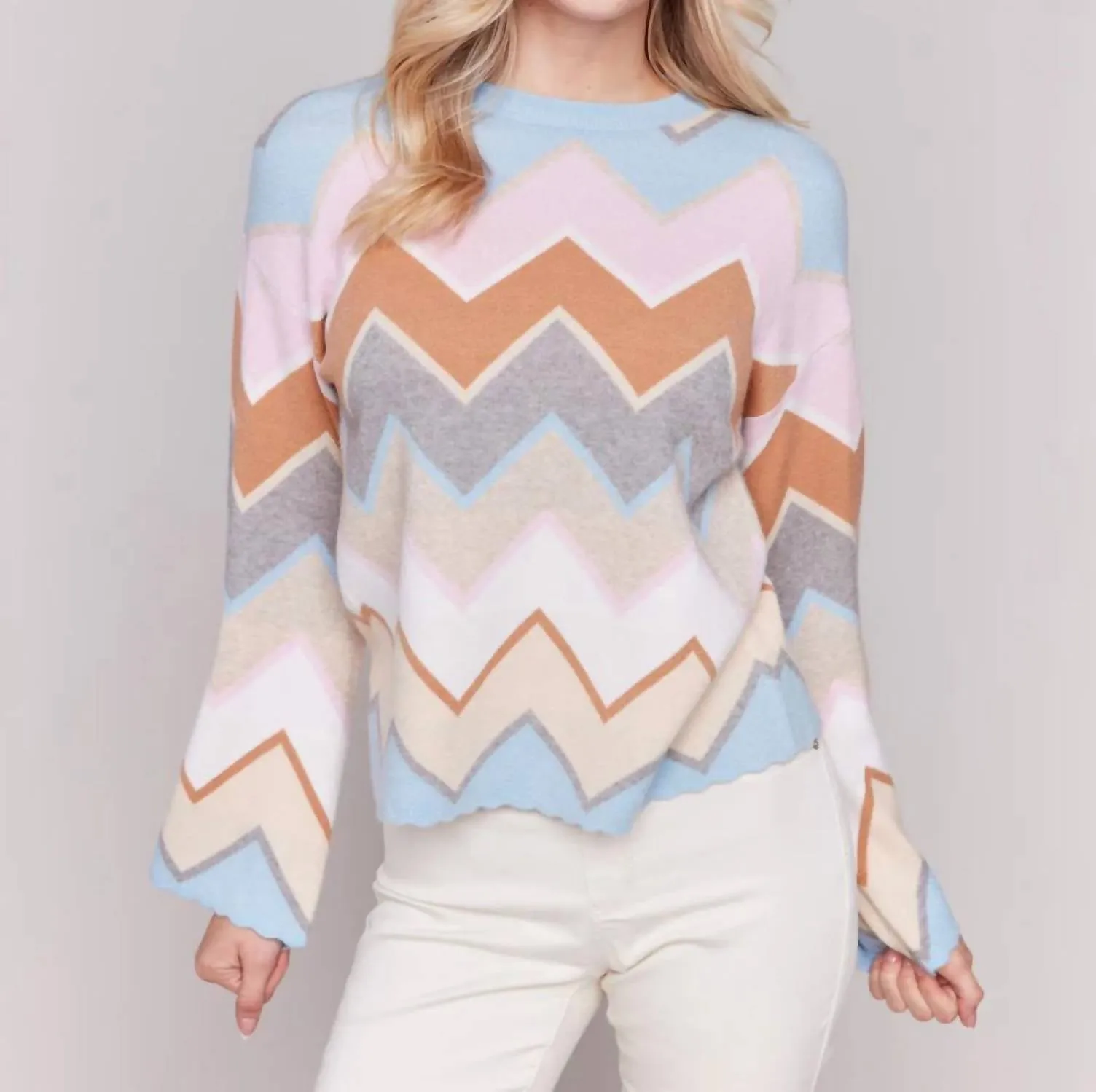 Chevron Stripe Bell Sleeve Sweater - Candy In Multi