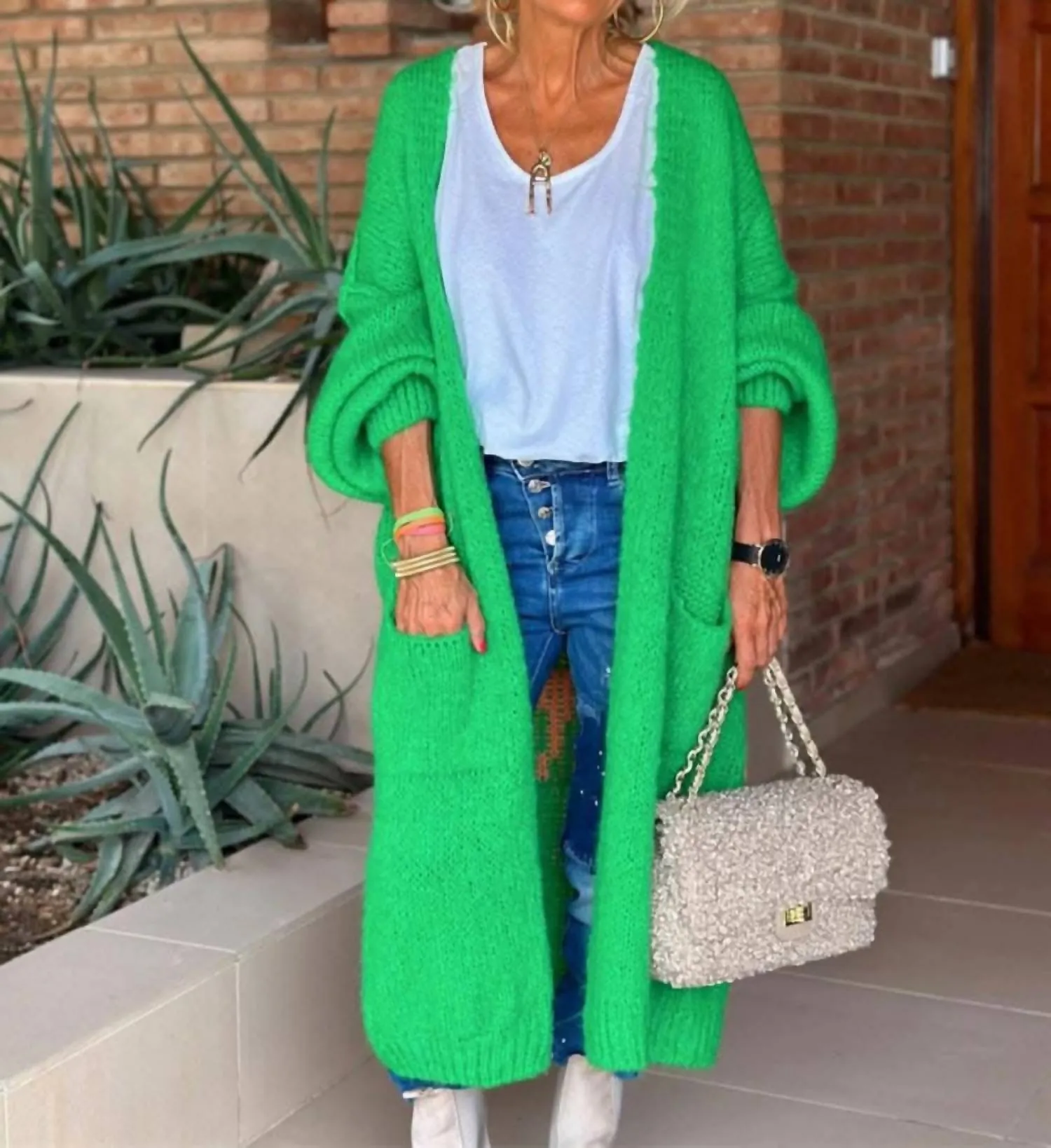 Chic Long Sleeve Cardigan In Green