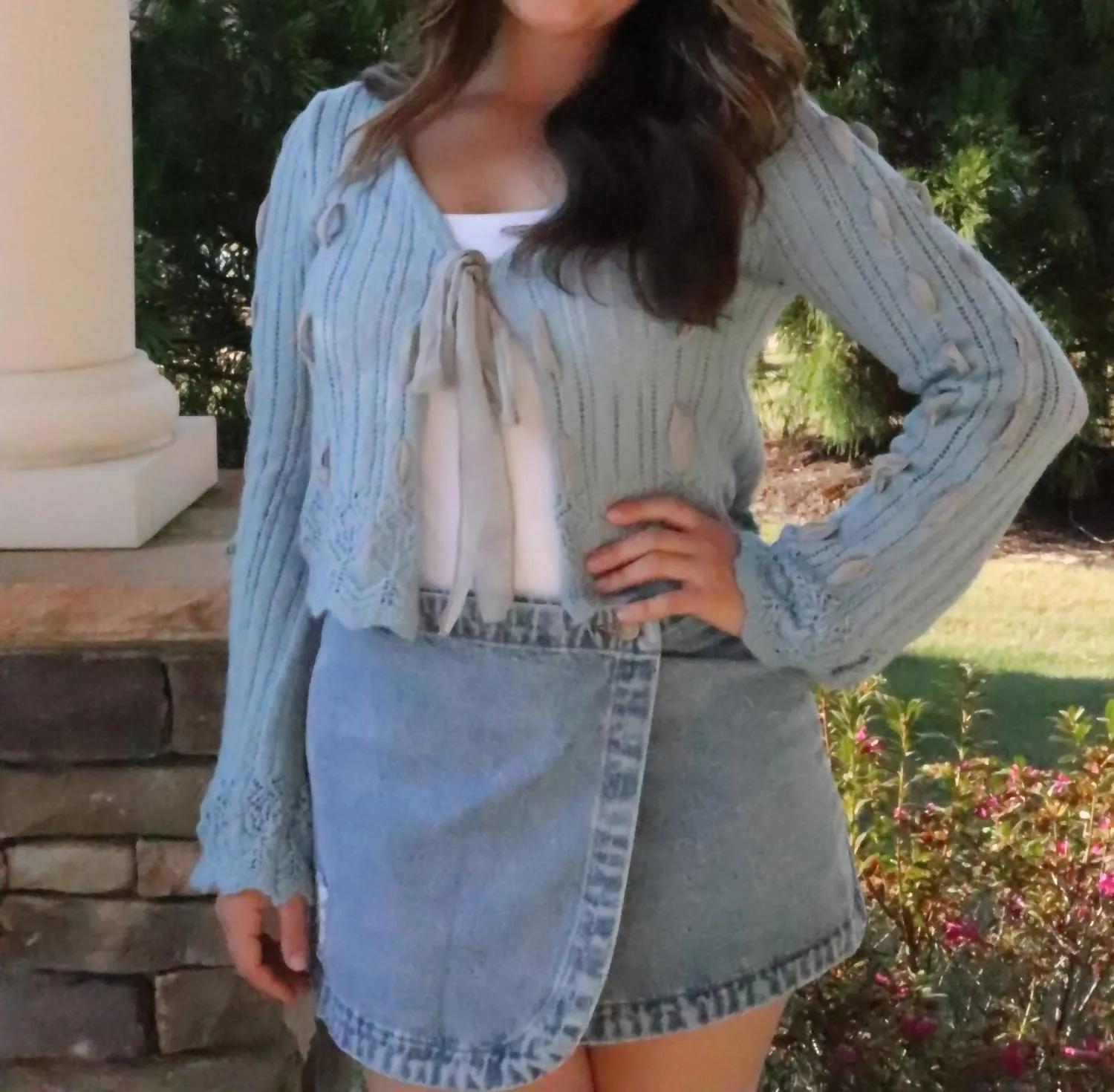 Chiffon Detail Sweater In Dusty Blue