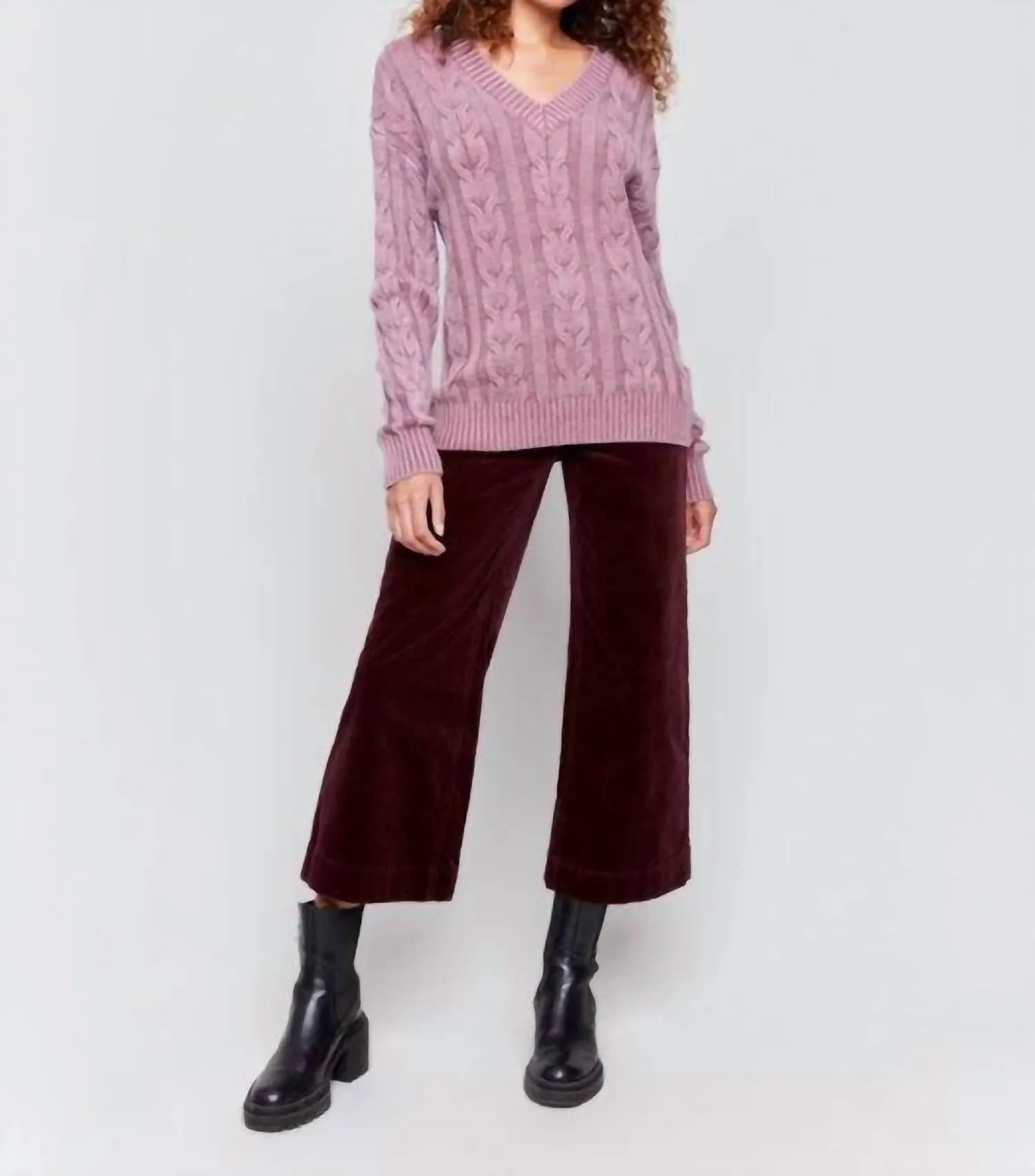 Cold Dye Cable Knit Sweater In Cabernet