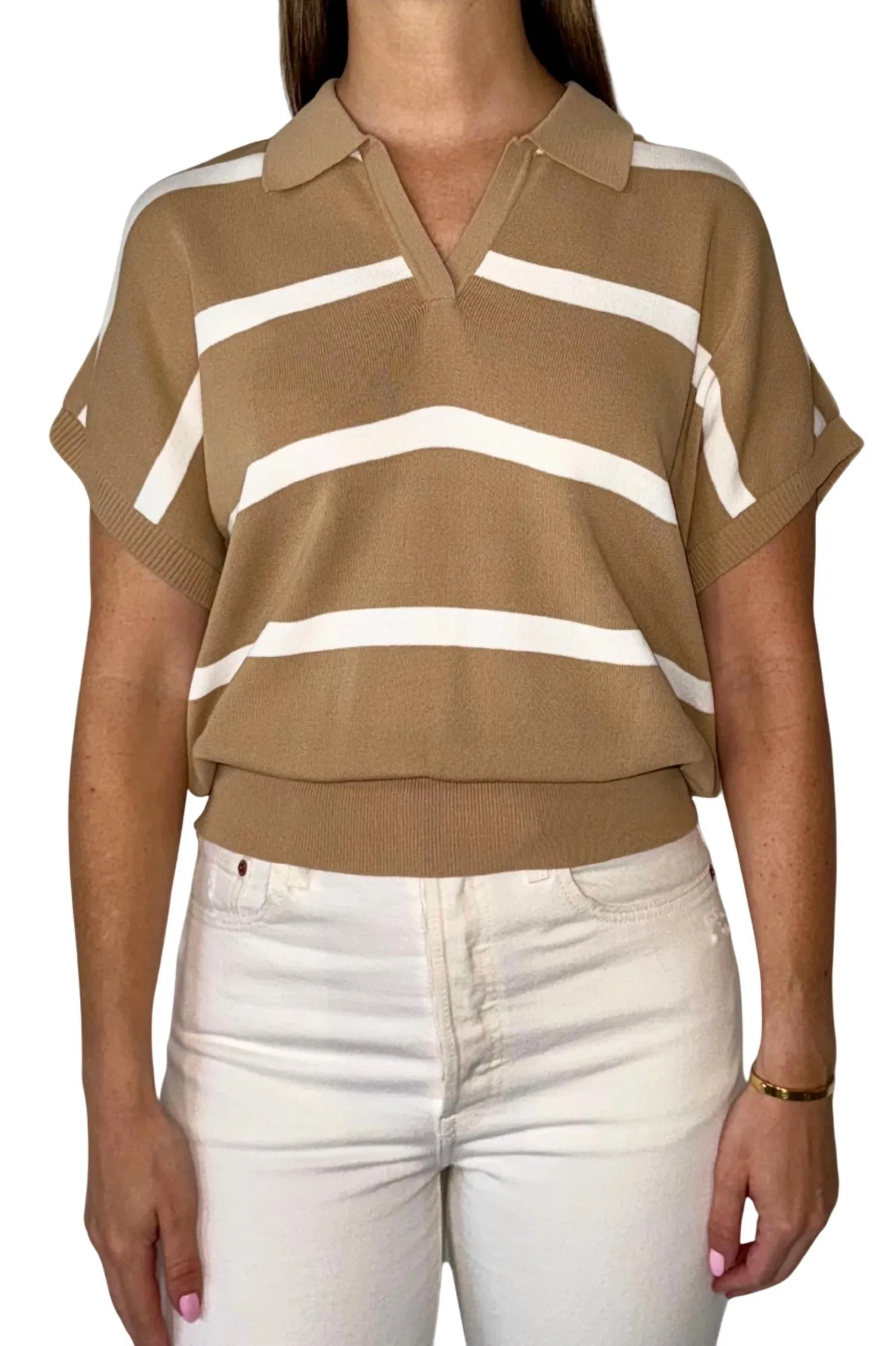 Collar Ribbed Striped Sweater Top In Mocha