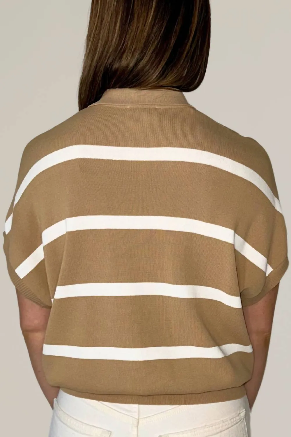 Collar Ribbed Striped Sweater Top In Mocha