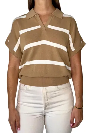 Collar Ribbed Striped Sweater Top In Mocha