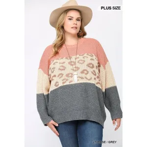 Color Block And Leopard Pattern Mixed Pullover Sweater