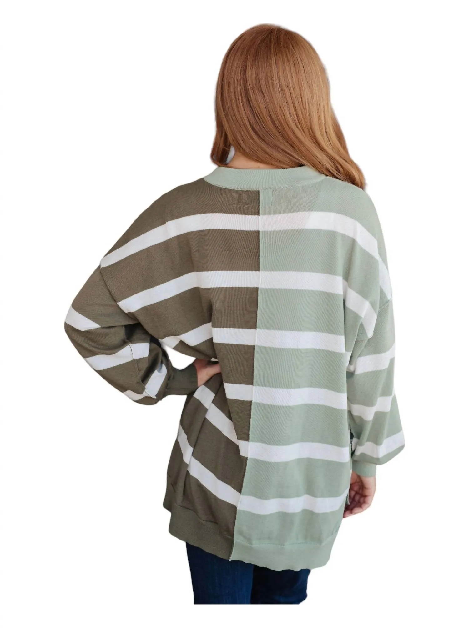 Color Block Striped Sweater In Sage /  Brown