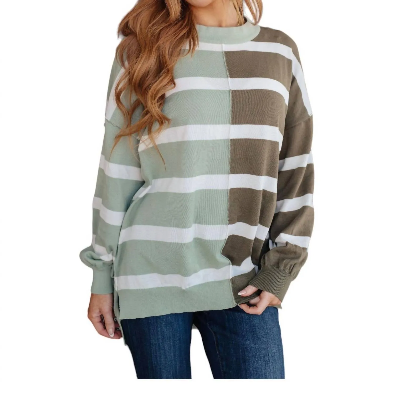 Color Block Striped Sweater In Sage /  Brown