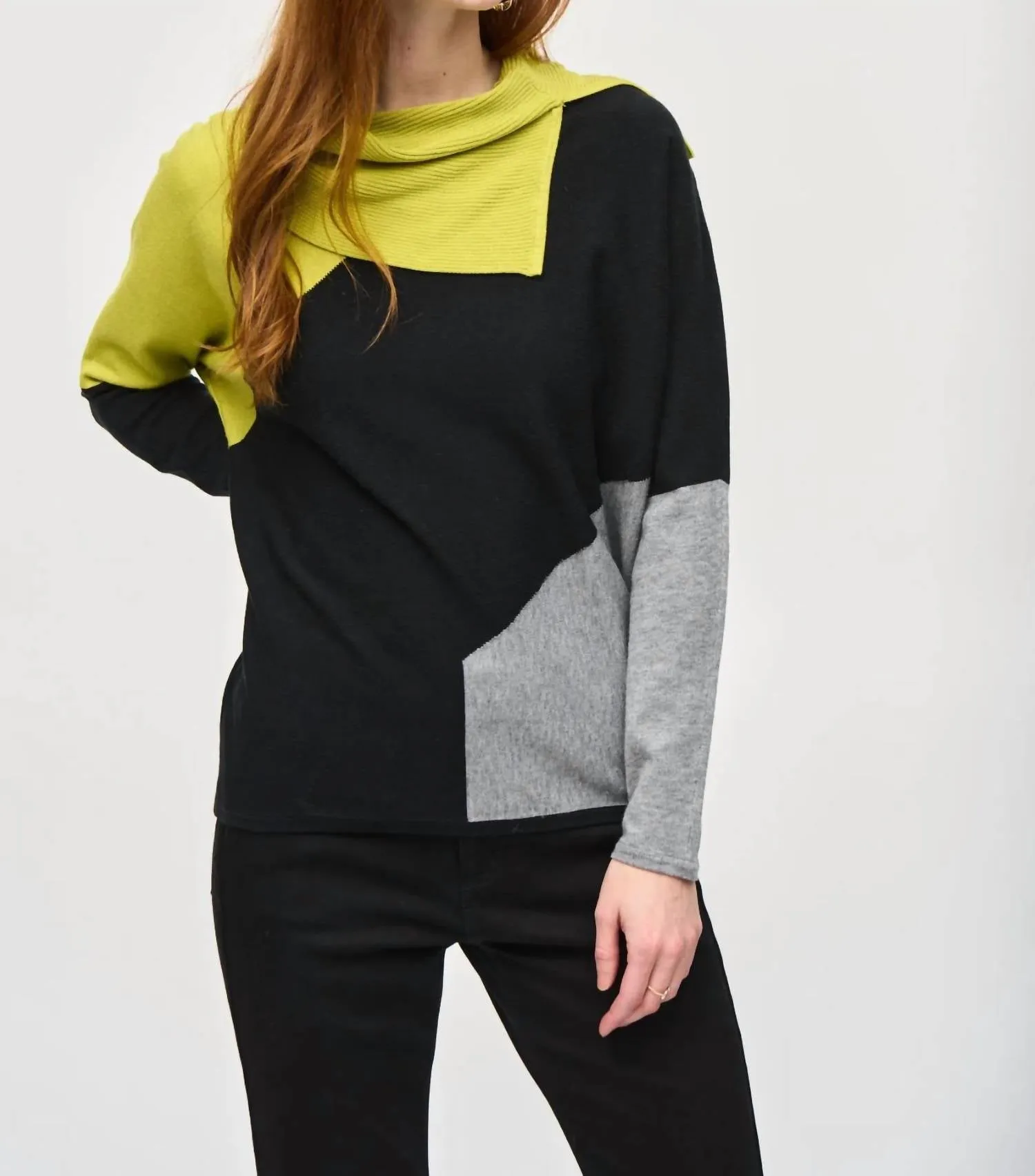 Color-Block Sweater Top In Wasabi/black/grey/melange