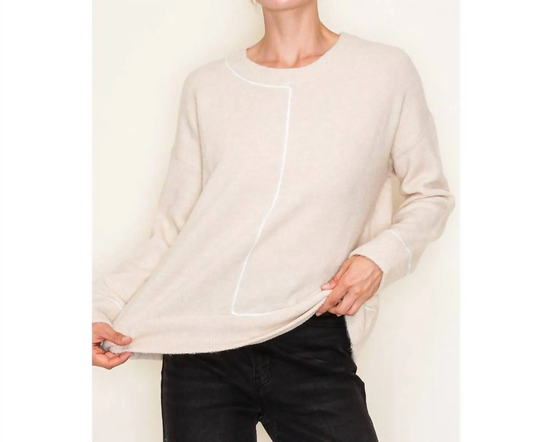 Color Line Detail Crew Neck Pullover Sweater In Oatmeal