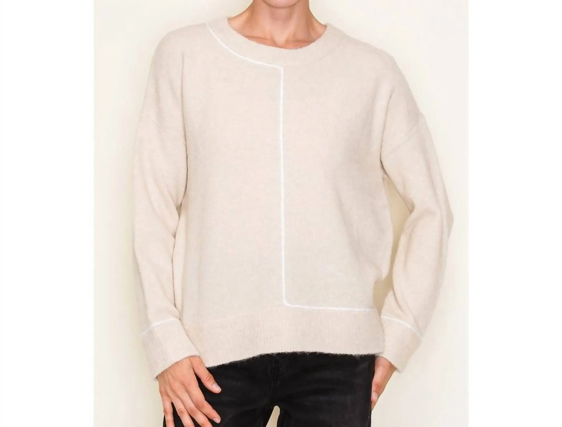 Color Line Detail Crew Neck Pullover Sweater In Oatmeal