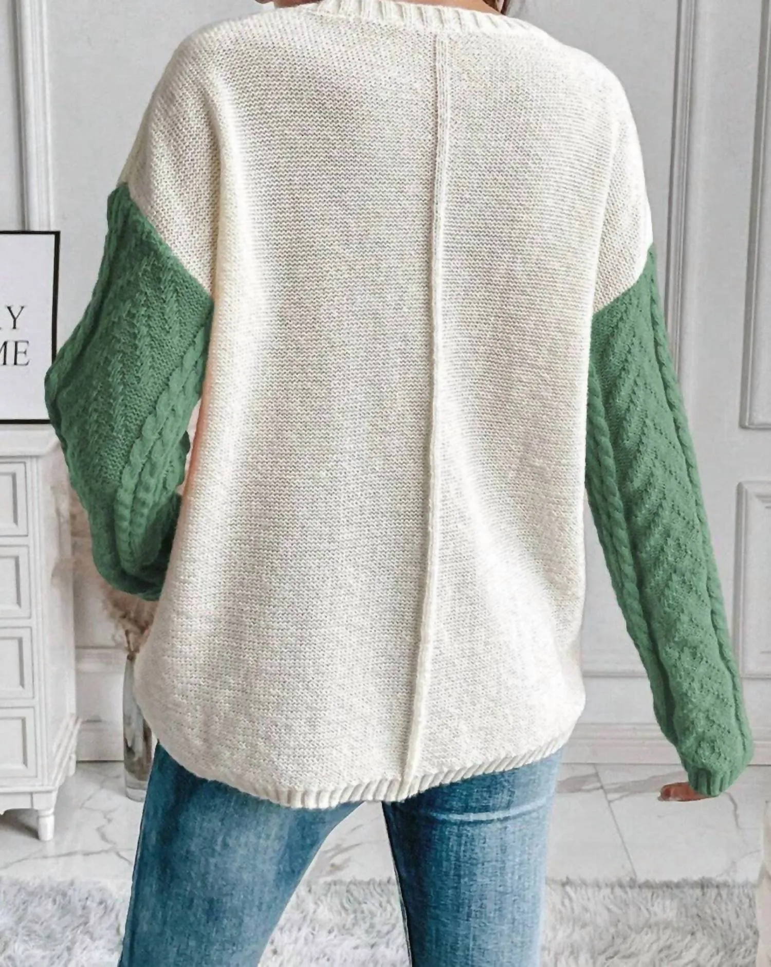 Colorblock Cable Patched Pocket Sweater In Vineyard Green