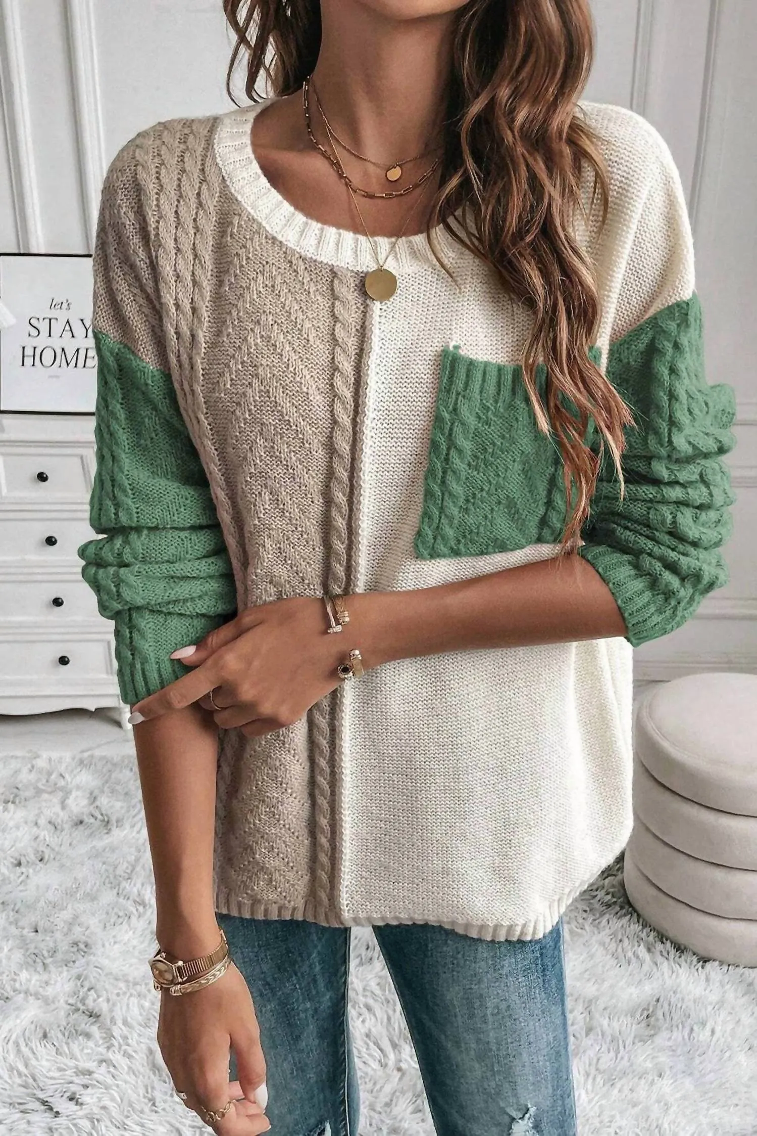 Colorblock Cable Patched Pocket Sweater In Vineyard Green