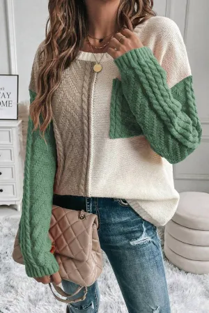 Colorblock Cable Patched Pocket Sweater In Vineyard Green